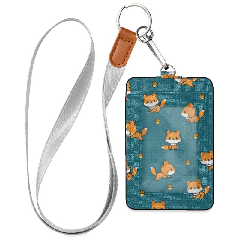 VIKKO Badge Holder, PU Leather ID Card Case Wallet with Neck Lanyard and Key Ring (Fox) - Image 1